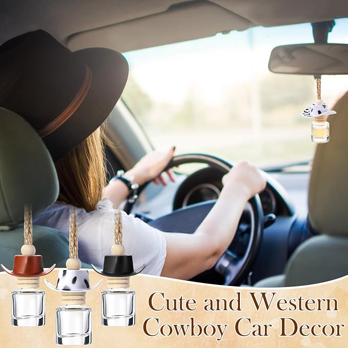 3 Pieces Cowboy Hat Air Freshener Hanging Cow Diffuser Bottles Western Country Refillable Empty Glass Perfume Bottle Car Interior Rear View Mirror Accessories(Brown, Spots, Black,Cow)