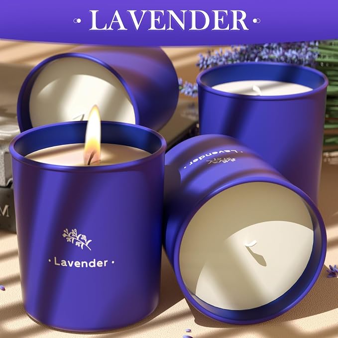 TranquilBliss Lavender Candles for Home Scented, 8 oz Scented Candles Present, Purple Jar Wax, Made with Soy for Women, 45 Hour Long-Lasting Burn for Girl Women Birthday Present Giving - 4 Pack
