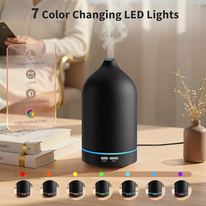 URPOWER 120ML Essential Oil Diffuser, Ultrasonic Aromatherapy Diffuser with Sleek Black Ceramic Design, 7-Color LED Lights, Auto Shut-Off, Humidifier for Home & Office, Scent Diffuser for Relaxation