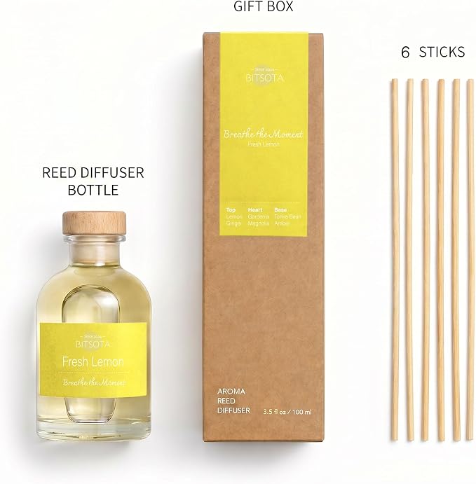 Natural Reed Diffuser Set, Fresh Lemon 3.52 oz (100ml) Scented Diffuser with Sticks Home Fragrance Reed Diffuser for Bathroom Shelf Decor, Ideal Gift for Woman