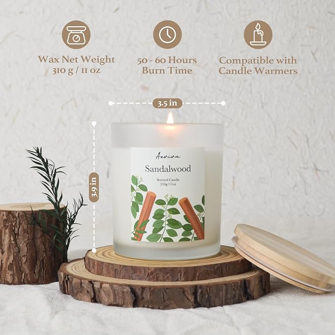 Sandalwood Scented Candle, 11oz 60 Hour Burn, Natural Soy Wax with Thick Cotton Wick, Highly Scented Aromatherapy Candle for Stress Relief & Meditation, Gifts for Women & Men