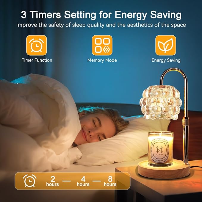 Candle Warmer Lamp with Timer Adjustable - Height Candle Warmer, Dimmer, Vintage Glass Wax Melting Lamps for Home Decor, for Candles in Jars with 2 Bulbs, Champagne Gold