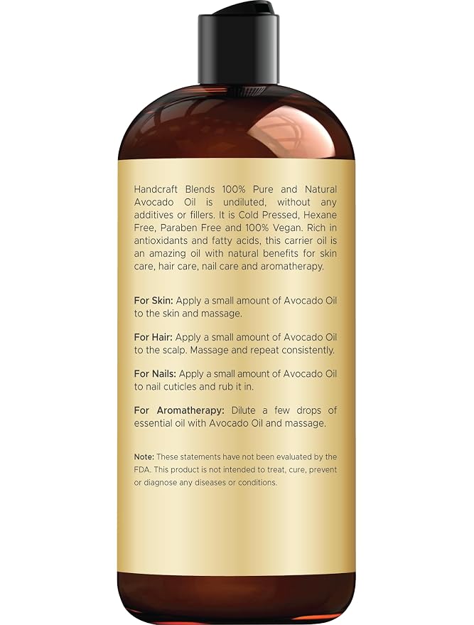 Handcraft Blends Avocado Oil - Cold-Pressed 16 Fl Oz - 100% Pure and Natural - Premium Grade Carrier Oil for Skin and Hair - Hair and Body - Massage - Hexane-Free