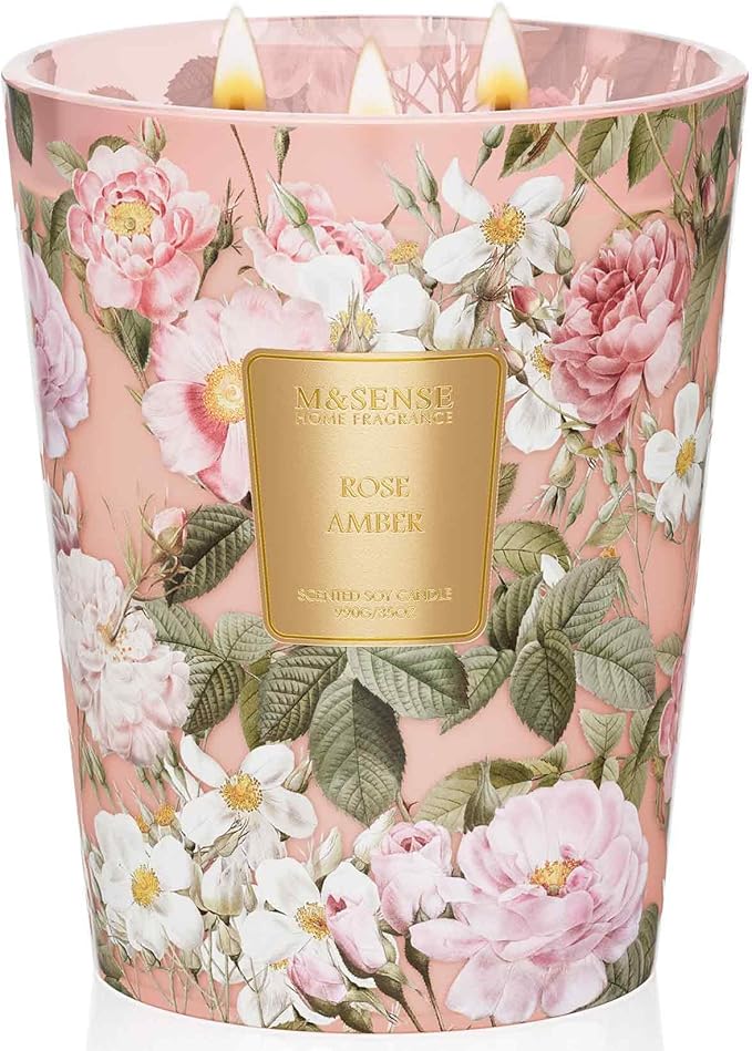 M&SENSE Extra Large Rose Amber Scented Candle, 3-Wick 35oz 150H Natural Soy Wax Aromatherapy Candle, Home Fragrance Housewarming Gifts
