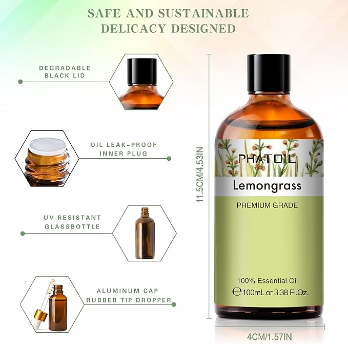 PHATOIL 100ML Lemongrass Essential Oil, 3.38FL.OZ Essential Oils for Diffuser, Humidifier, Aromatherapy, Lemongrass Oil Scented Oils for Soap, Candle Making