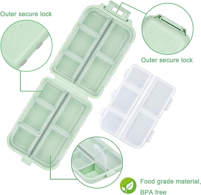 Travel Medicine Organizer with 189 Labels, 7 Day Daily Pill Organizer Travel Pill Container Medicine Organizer Pill Case Travel (Green, 1 Pack)