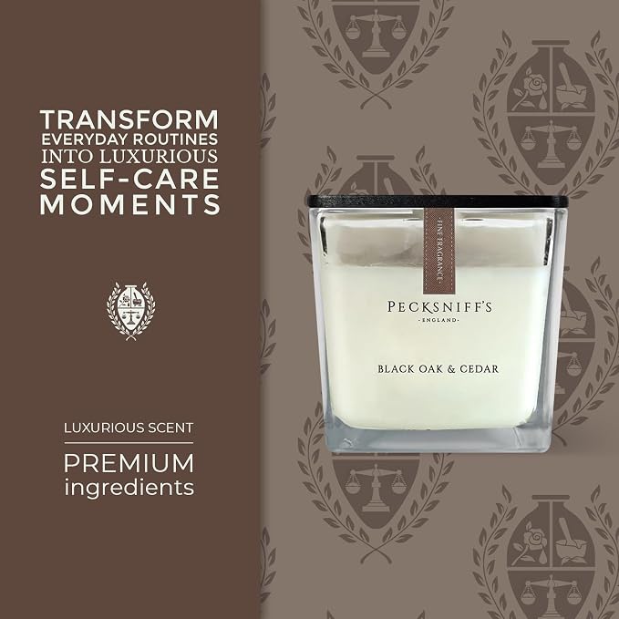 Pecksniff's Prestige 1-Wick Square Candle, Black Oak & Cedar Scent, 190g (6.7oz) - Rich, Woody Oriental Fragrance with Bergamot, Cardamom & Vanilla