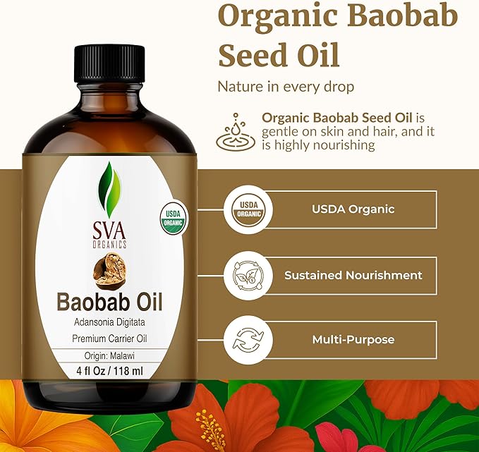 SVA Baobab Seed Oil Organic - 4 Fl Oz – 100% Natural Cold Pressed Organic Baobab Oil - for Face, Skin Care, Hair Care, Scalp Massage & Body Massage – Carrier Oil with Dropper