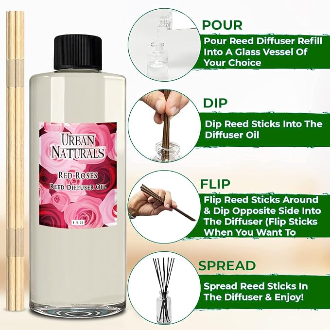 Urban Naturals Reed Diffuser Oil Refill Red Roses with White Peony, Cashmere Wood 8 oz + Free Reed Sticks, Made in the USA