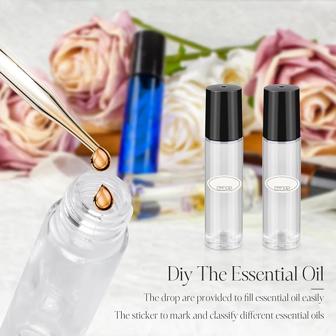 10ml Essential Oil Roller Bottles, 6 Pack Clear Thick Glass Bottles with Stainless Steel Roller Balls and 2 Droppers