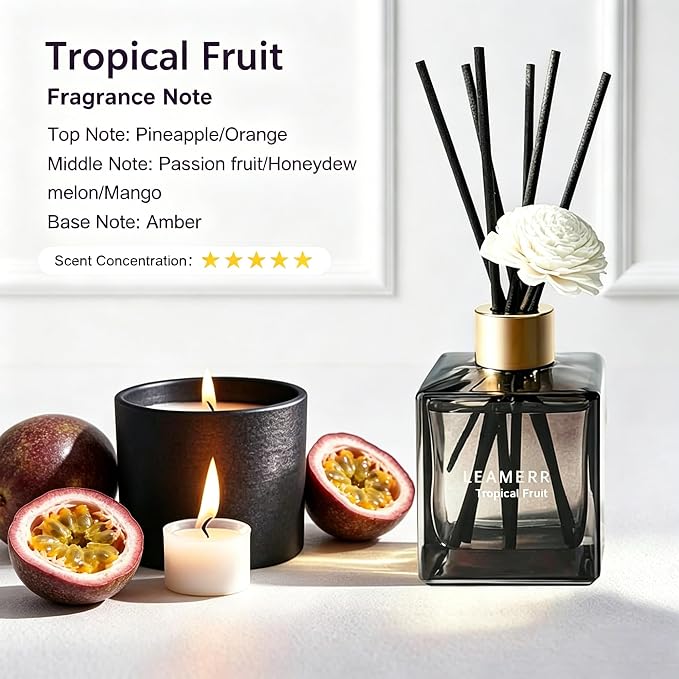 Reed Diffuser Set, 6.1 oz (180 ml) Tropical Fruit Scented Diffuser with Sticks Long-Lasting Home Fragrance Reed Diffuser for Home Room Office Bathroom Shelf Decor