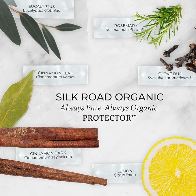 Silk Road Organic Protector - Thieves Essential Oil Purifying Immunity Blend, 100% Pure USDA Certified Clove Bud, Lemon, Cinnamon Bark, Rosemary, Eucalyptus - 10 ml Dropper