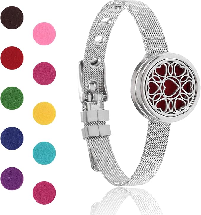 Essential Oil Diffuser Bracelet Aromatherapy Locket Adjustable Stainless Steel Heart Watch Chain Bracelet with 10 Pcs Refill Pads for Women