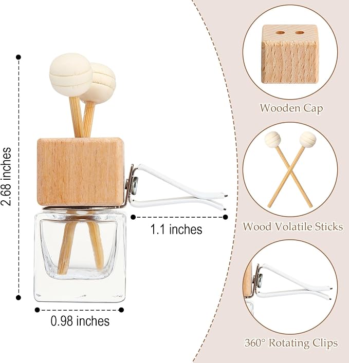 Zubebe 100 Pcs Car Diffuser Bottles Empty Bulk Vent Clip Car Air Freshener Diffuser for Essential Oil Perfume Glass Bottle with Wooden Caps Stick Fragrance Ornament (Colorless)