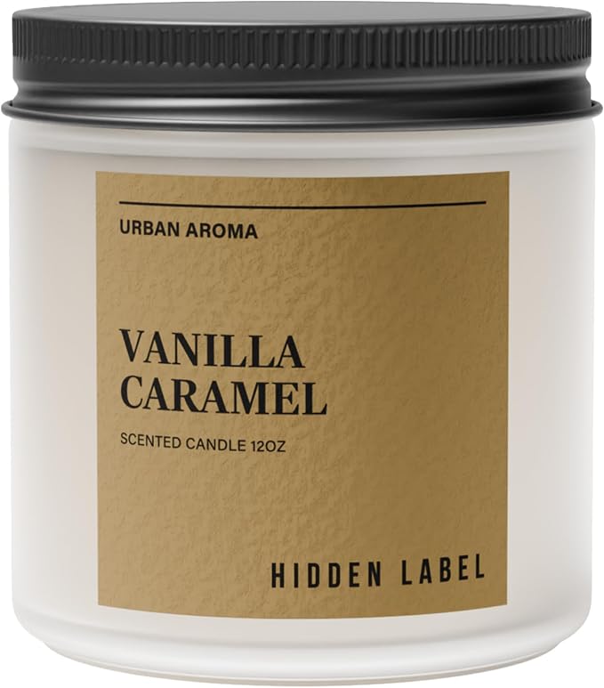 Hidden Label Vanilla Caramel Soy Candle, 12oz 2-Wick, 70H Gourmand Sweet | Non-Toxic Vegan Soy Wax | Vanilla Caramel Bakery Gourmand | Even Melt No Tunneling | Kitchen Living Room Cozy Gift