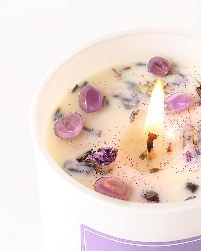 AOOVOO Lavender Scented Candle Set 2 Pack, Infused with Energy Crystals, The Scent Blends with The Energy to Create a Relaxing Atmosphere
