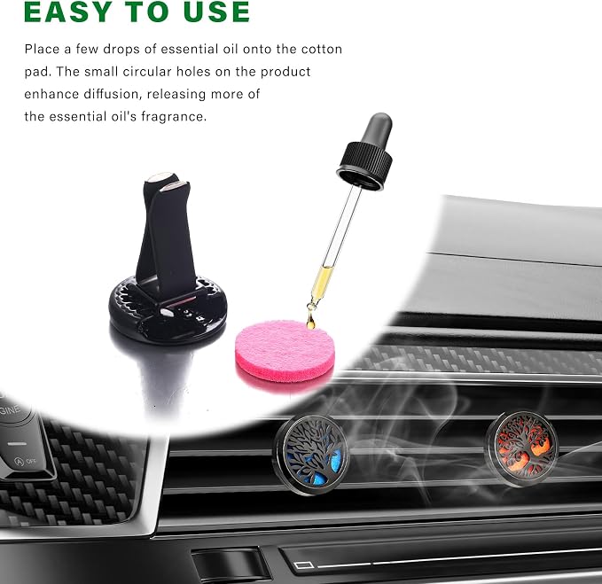 2 PCS 30mm Car Diffuser Vent Clips, Tree of Life Aromatherapy Essential Oil Diffuser Car Clip with 12 Felt Pads, Removable Stainless Steel Air Freshener Lockets for Women Men (Black)