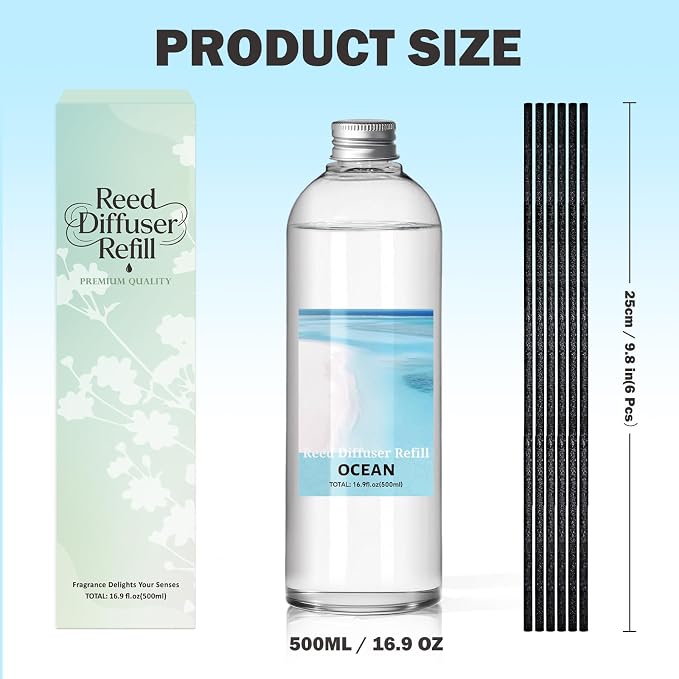 SCENTORINI Reed Diffuser Oil Refill, 16.9oz Ocean Scented Essential Oil with 6 Sticks, Long Lasting Summer Home Fragrance for Large Space, Bathroom, Spa Room Aromatherapy, Hotel, Office Decor