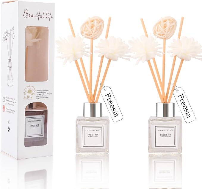 Reed Diffuser Set of 2, Freesia Scent Oil Diffuser with Sticks for Home Fragrance, Office Living Bedroom Decoration, Bathroom Decor and Accessories, Air Fresheners Gift Set, 1.7 fl oz/50ml x 2