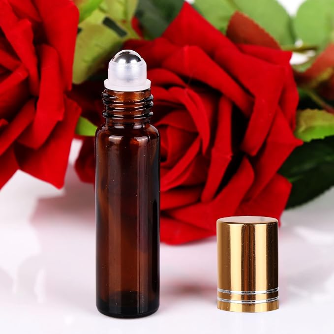 inice 24 Pack Roller Bottles for Essential Oils, Amber Galss 10ml Roll On Bottle with Stainless Steel Roller Balls and Metal Caps