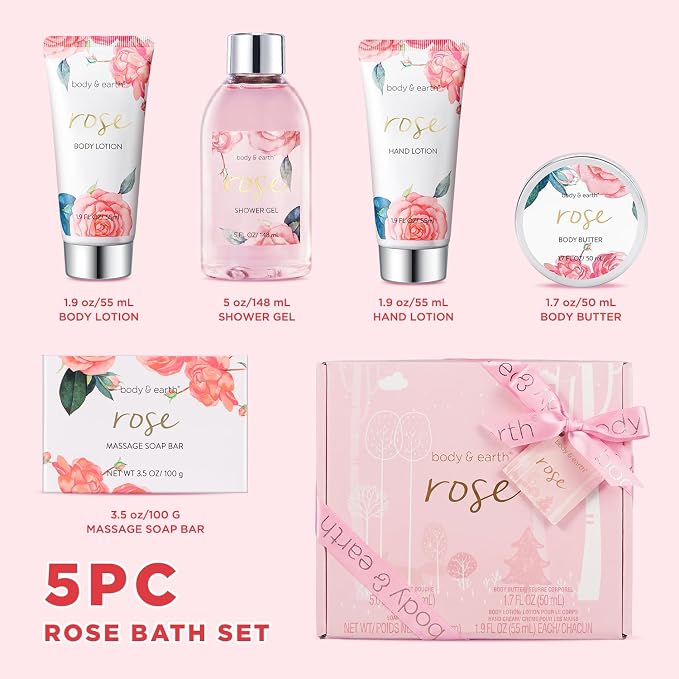 BODY & EARTH Spa Gift Set for Women - Luxurious 5 Pcs Bath and Body Box, Rose Scent, Includes Body Wash, Body Butter, Body Lotion and More, Birthday Mothers Day Gifts for Mom Self Care Kit for Her