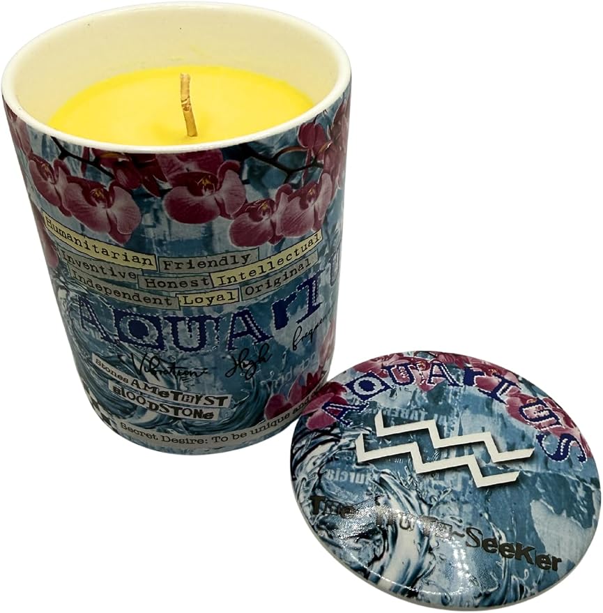 Aquarius Zodiac Candle – Jasmine Scented Soy Candle for Self Care & Relaxation – Zodiac Birthday Gift – 80 Hour Burn – Reusable Ceramic Jar