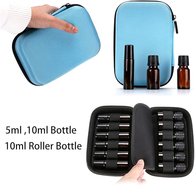 Hipiwe Hard Shell Essential Oil Carrying Case Holds 12 Bottles (Can hold 5ml, 10ml, &10ml Rollers) Travel Size Essential Oils Bag Organizer (Blue)