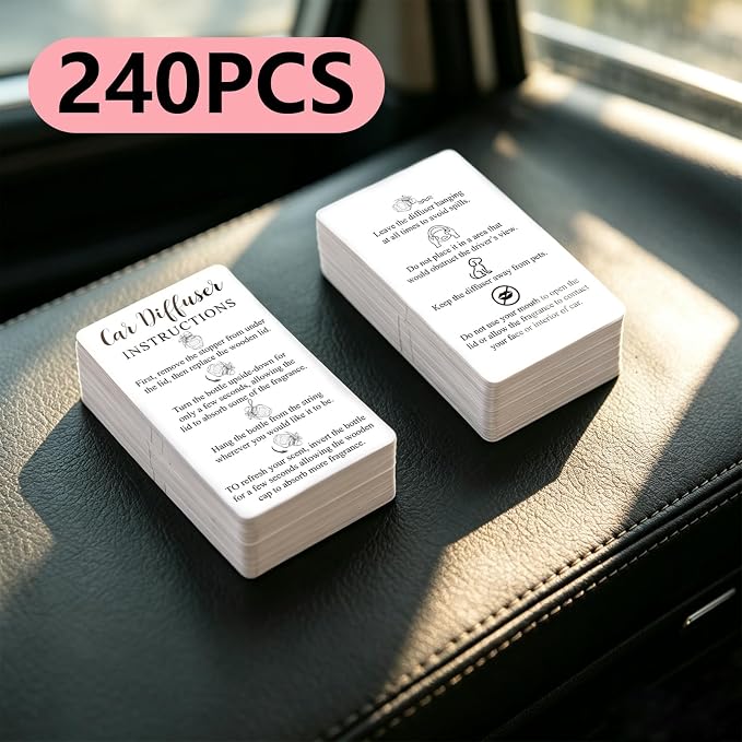 240Pcs Car diffuser instruction cards Care car hanging diffuser card Car diffuser accessories for Car Oil Diffuser Bottles Package Bag Supplies 3.54 x 2.12inch White