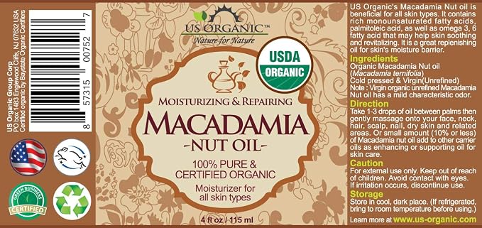 US Organic Macadamia Nut Oil Unrefined Virgin, Certified Organic, Pure & Natural, Cold Pressed, Sourced in Kenya, in Amber Glass Bottle w/Glass Eye dropper for Easy Application (4 oz (Large))