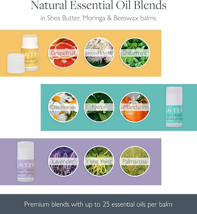 Scentered Pocket-Size Aromatherapy Balm Gift Set - 3X Essential Oil Balms for Sleep, Stress Relief & Mood Boost (Sleep Well, De-Stress, Happy) - Natural, Mess-Free, Travel-Friendly