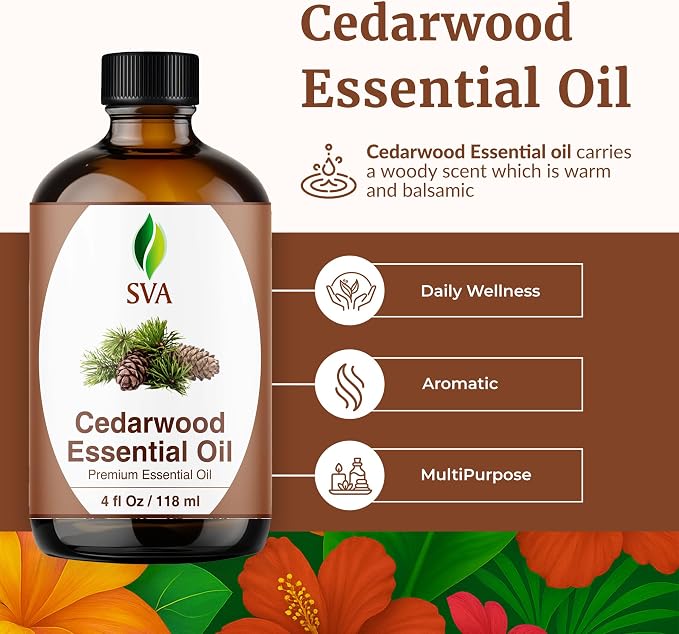 SVA Cedarwood Essential Oil 4 Fl Oz – for Diffuser, Skin & Hair Care – Ideal for Massage & DIY Blends - with Dropper