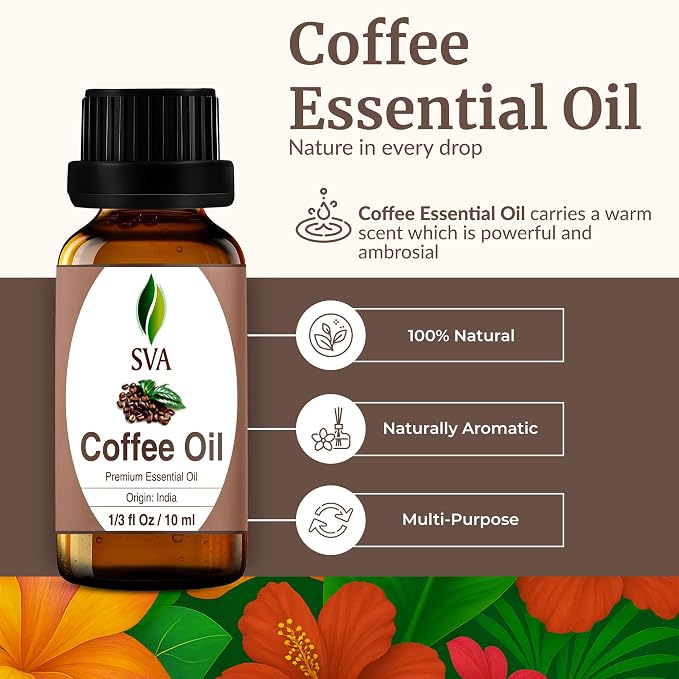 SVA Coffee Essential Oil – 1/3 Fl Oz – 100% Natural Coffee Oil - for Diffuser, Hair Care, Face, Skin Care, Aromatherapy, Scalp and Body Massage, Soap and Candle Making