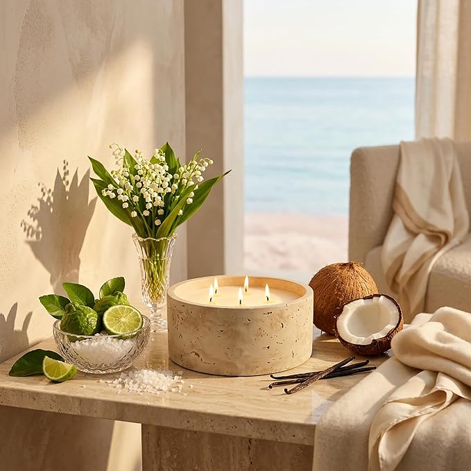 3-Wick Scented Candle-Sea Salt & Bergamot & Coconut,Soy Coconut Wax Blend Candle with Acacia Wood Lid,21oz Large Candle,45-Hour Long Burning,Aromatherapy Candle for Home Decor