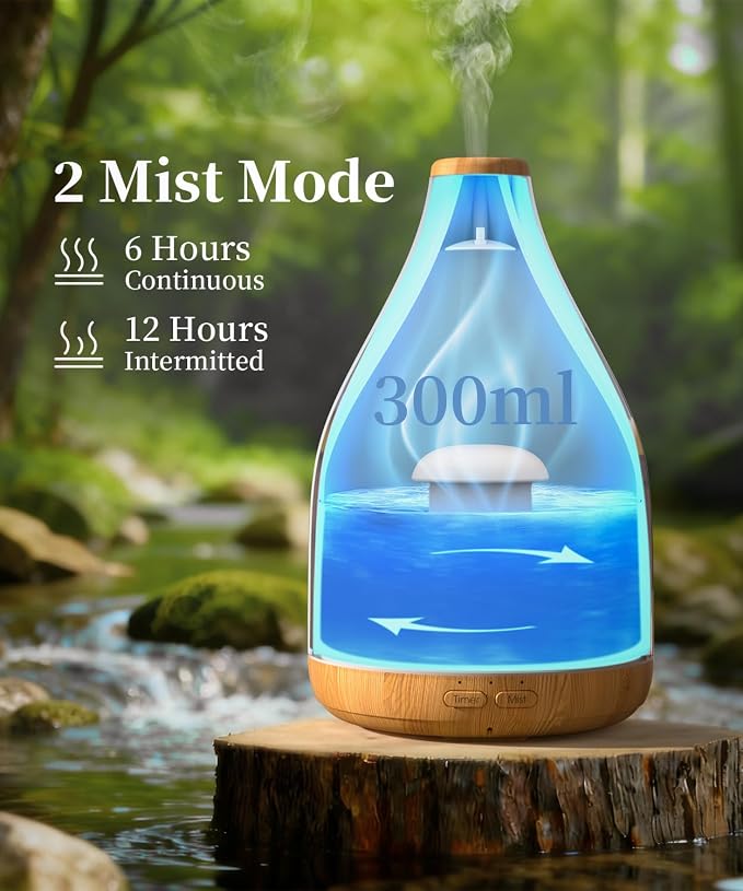 Large Essential Oil Diffuser for Home, Drop-Shape Aroma Diffusers 300ML for Aromatherapy, Air Scent Fresh, Ultrasonic Cool Mist Humidifier & LED Light, 1-3-6H Timer Auto Shut-Off, Brown