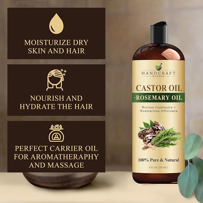 Handcraft Blends Castor Oil with Rosemary Oil 8 Fl Oz | 100% Pure and Natural | Premium Grade Carrier Oil | Hair, Eyelashes and Eyebrows | Hair and Body