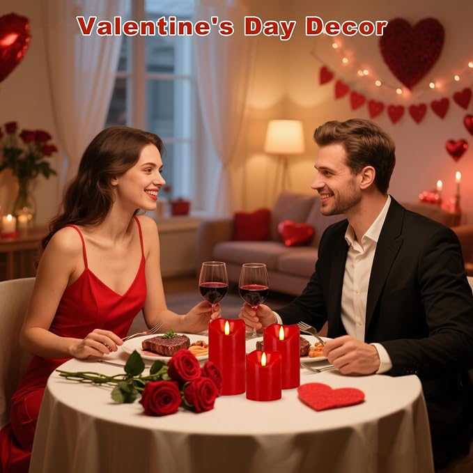 VEEKI Flameless Candles Lights, Set of 3 Flickering LED Candles with Remote & Timer, Dimmable Real Wax Electric Pillar Candles Battery Operated, Red Candles for Home Christmas Decor (Red)