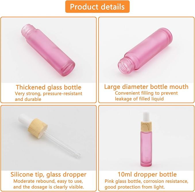 Ellbest 10ml Essential Oil Glass Dropper Bottle, 10pcs Small Glass Bottles with Eye Dropper, Refillable Sample Vials with Funnels & Dropper for Travel, Carrying Outside (Matte Pink)
