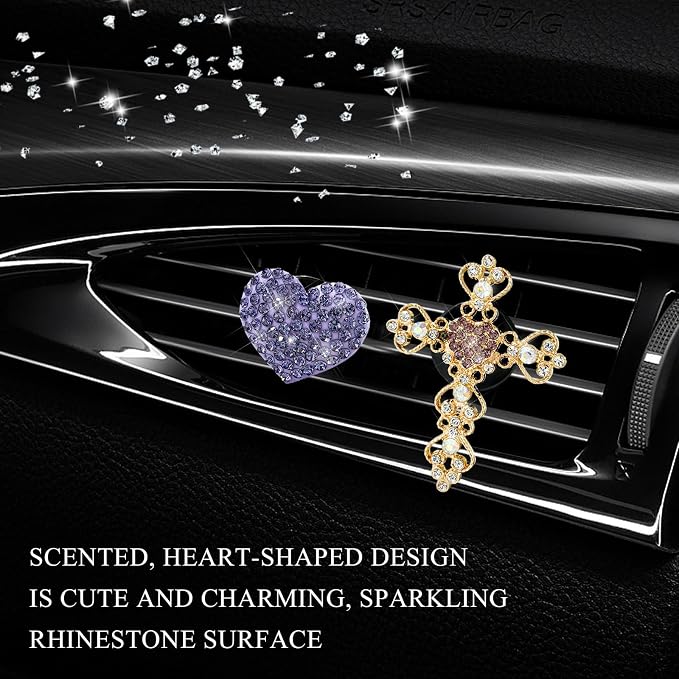 2 PCS Bling Car Vent Clip, Crystal Rhinestone Cross and Heart Car Air Fresheners Vent Clips, Diamond Car Air Conditioner Outlet Decoration Charm for Women, Car Accessories (Purple)