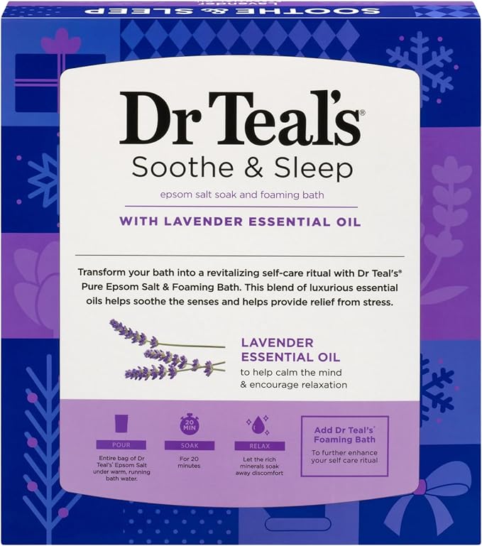 Dr Teal's Holiday Limited Edition Bath Gift Set | Epsom Salt Soak and Foaming Liquid, 14 oz Salt, 3 fl oz Bath (Lavender)