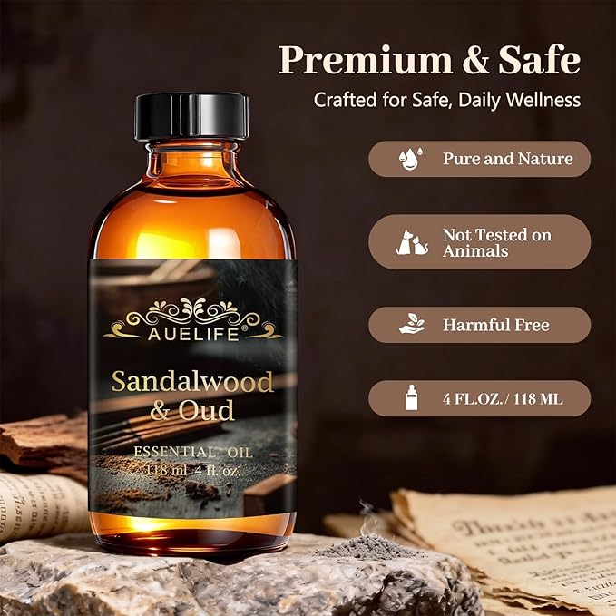 Auelife 4oz Sandalwood & Oud Essential Oils for Diffusers for Home - Woody Fragrance Oil for Candle Making, Soap Making, Father's Day & Birthday Gifts for Him - Masculine Scent for Men Gift