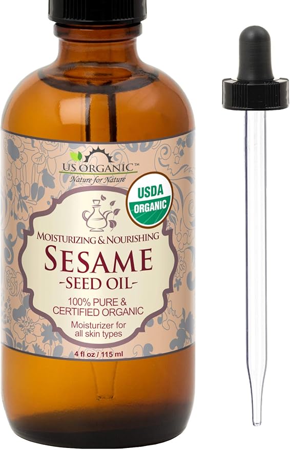 US Organic Sesame Seed Oil, USDA Certified Organic, Untoasted, Unrefined Virgin, 100% Pure & Natural, Cold Pressed, in Amber Glass Bottle w/Glass Eye dropper, Sourced from Mexico (4 oz (Large))