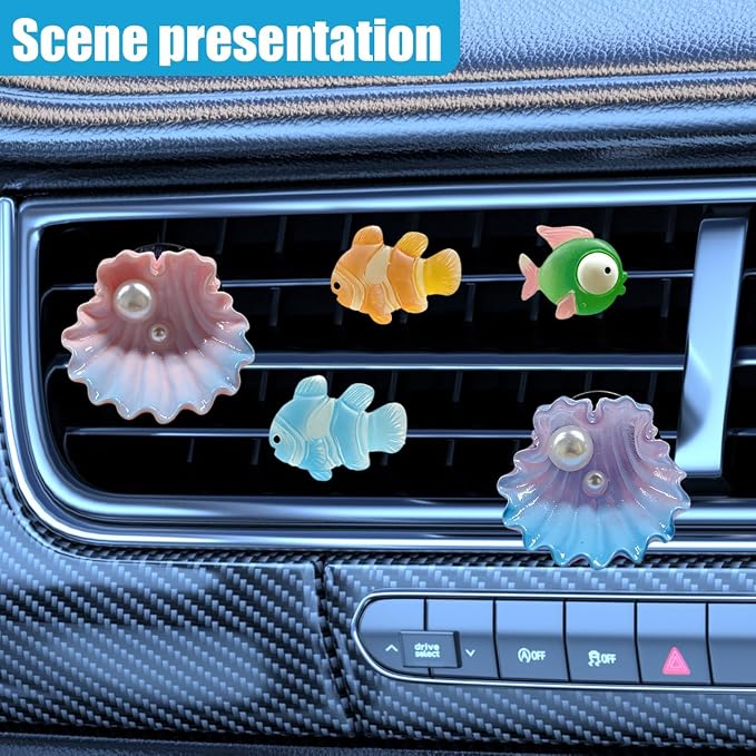 Craedli 5PCS Ocean Themed Car Air Vent Clips, Cute Seashell & Cartoon Fish Car Vent Decorations, Colorful Clownfish Diffuser Ornament, Aesthetic Auto Interior Accessories for Women Girls(Fish)