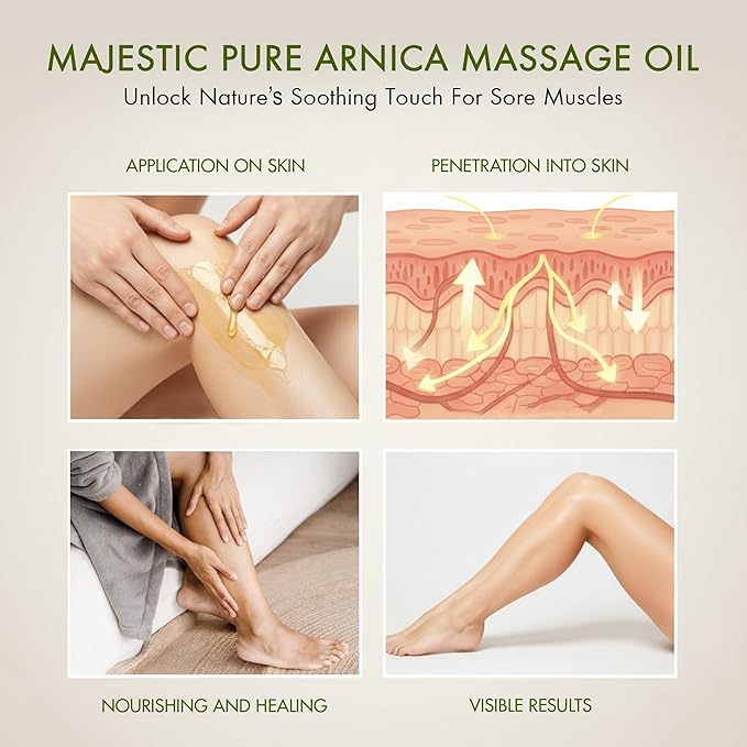 MAJESTIC PURE Arnica Sore Muscle Massage Oil for Massage Therapy - Refreshing and Relaxing - Natural Oils with Lavender & Chamomile Essential Oils - All Skin Types - Men & Women Massage Lotion-8 fl oz