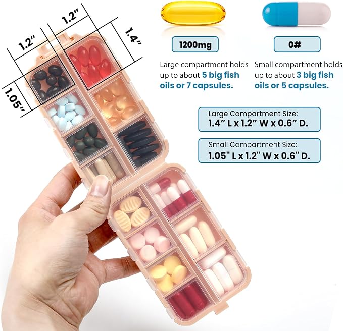 14 GRIDS Travel Pill Organizer Box with Labels - Travel Medicine Case Kit - Pocket Daily Pharmacy Container - Travel Medication Holder Dispenser for Fish Oil Vitamin Supplement Storage - Pink