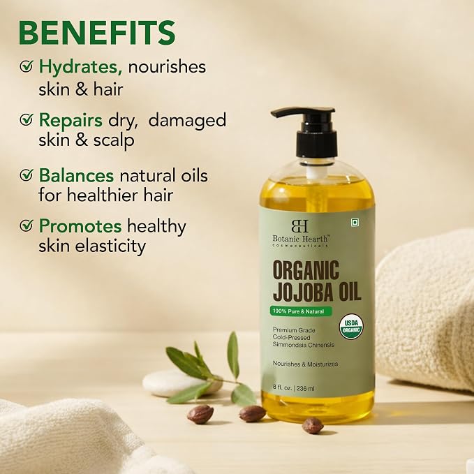 Botanic Hearth USDA Organic Jojoba Oil 8 Fl Oz |100% Pure and Natural- Cold Pressed & Hexane Free Natural Hair Growth Oil for Eyelashes, Eyebrows, Skin, Body, Face, Nails & Scalp