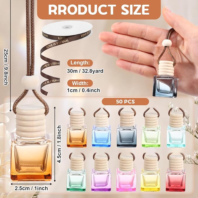 Mudder 50 Pcs Gradient Hanging Car Air Freshener Car Diffuser Bottle Pendant Empty Glass Perfume Bottle for Essential Oil Fragrance Aromatherapy Ornament Wedding Employee Gifts(Cube,Colorful)