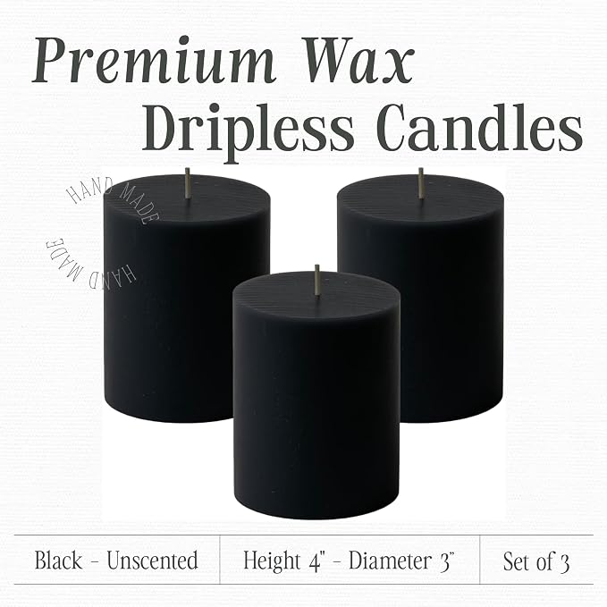 Mister Candle Dripless Unscented Black Pillar Candles, Set of 3 Hand Poured Solid Color Non-Scented Candles for Home Decor, Premium Wax, 60 Hr Burn Time - 3x4 Inch, Black