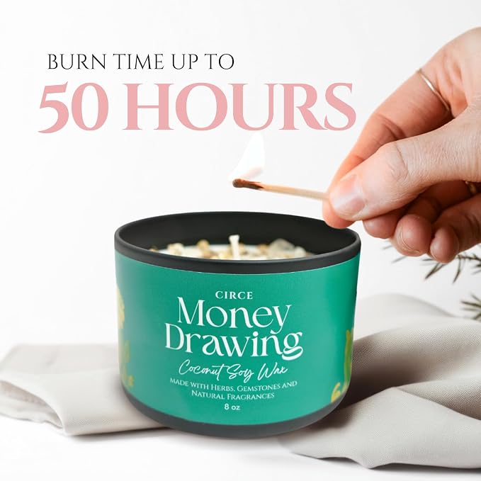 Circe Spell Candle “Money Drawing” Coconut Soy Wax Candle Jar– Premium Hand Poured & Long Burning– Herbs, Crystal & Natural Fragrance Oils- Manifest Wealth, Abundance, & Opportunity - Gift - 8oz