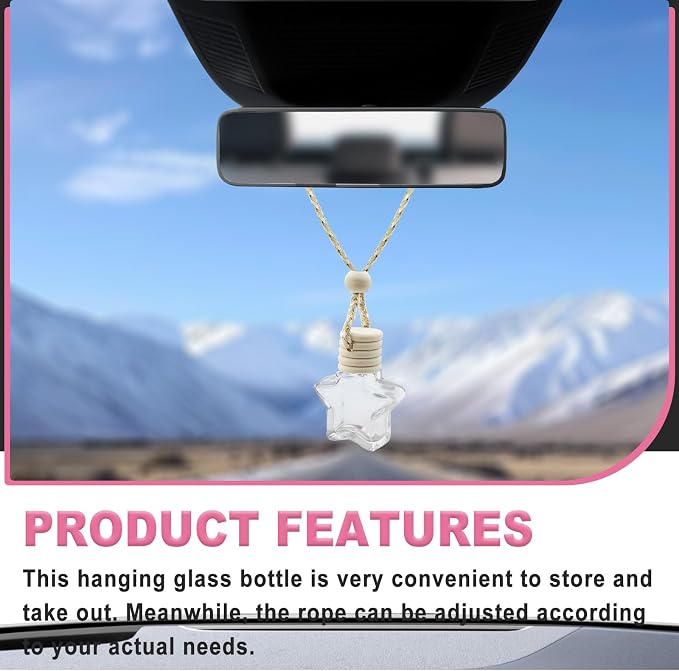 5 pcs Car Hanging Empty Glass Perfume Bottles Pendant Bottle, DIY Air Freshener Pendant, Empty Clear Glass Essential Diffuser Oil Aromatherapy, Glass Bottle Decor (Five-Pointed Star)