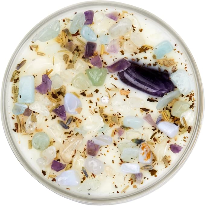 New Moon Beginnings Peaceful Home Candle - Stress Relief, Energy Clearing, All Natural Essential Oil Soy Candle - Crystal Candles (12oz Glass Jar, Eucalyptus, Mint)